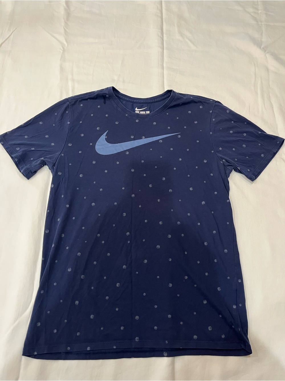 Nike Drifit Navy Short Sleeve Tee with Light Blue Swoosh and Basketballs